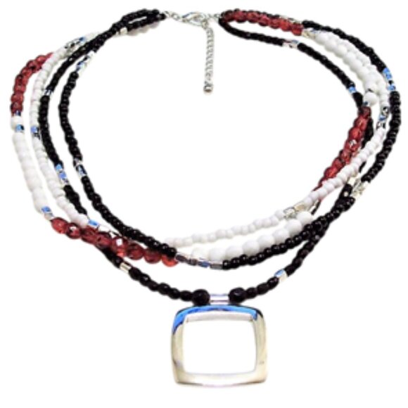 Red White Black Necklace Silver Tone Vintage Choker Bead Four Strand - Picture 2 of 6